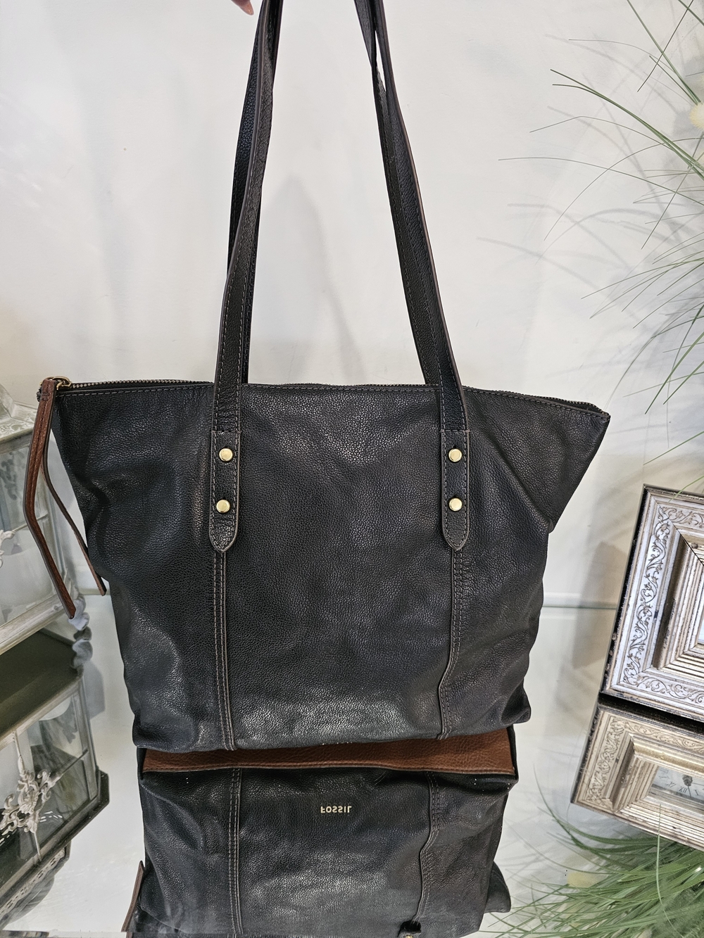 Fossil Felicity Black Leather Tote with Contrast Trim